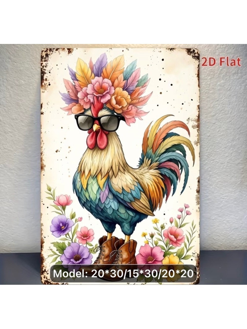 Cool Rooster Wall Art Metal Sign with Funky Floral Crown & Boots